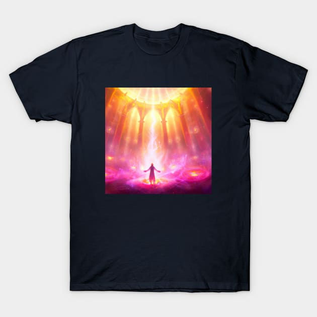 Mystical Heavenly Light Engulfs Lone Monk T-Shirt by Star Scrunch